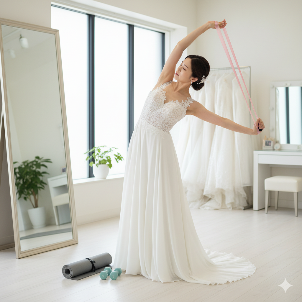 結婚式 ダイエット 間に合わないと不安を感じる花嫁が、ドレス姿で鏡の前に立ちストレッチしている様子