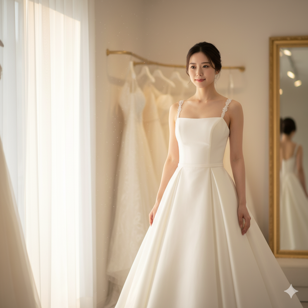 姿勢が整いドレスラインが美しい日本人花嫁の写真風イメージ