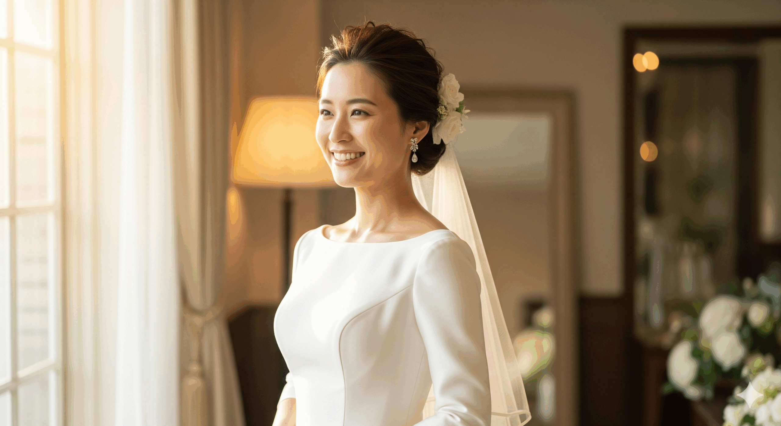 ブライダルで痩せることを目指す花嫁が、笑顔でウェディングドレスを着こなしストレスなく準備をしているイメージ