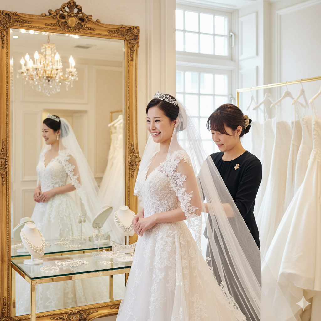 ウェディングドレスを試着しアクセサリーを合わせている花嫁のイメージ写真