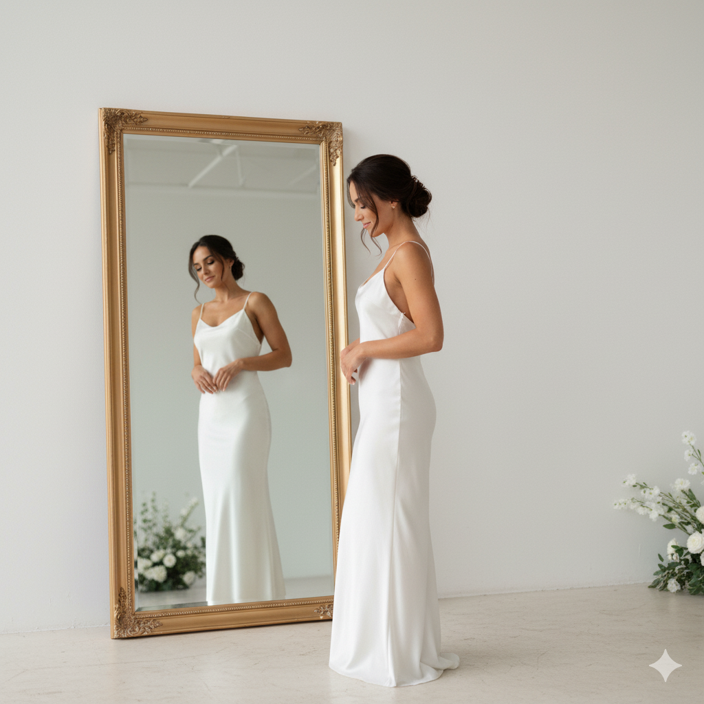 鏡の前で体型をチェックする花嫁