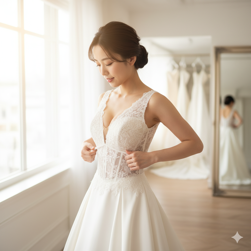 鏡の前でブライダルインナーを整える日本人花嫁のイメージ写真
