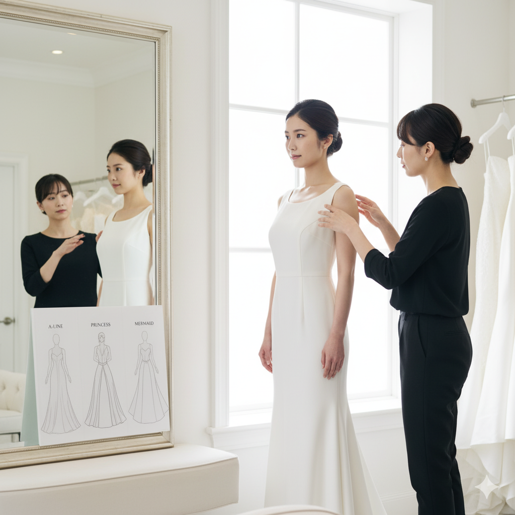 鏡の前でスタイリストと姿勢・ウエスト位置を確認する花嫁の写真風イメージ（シルエット比較ボード付き）
