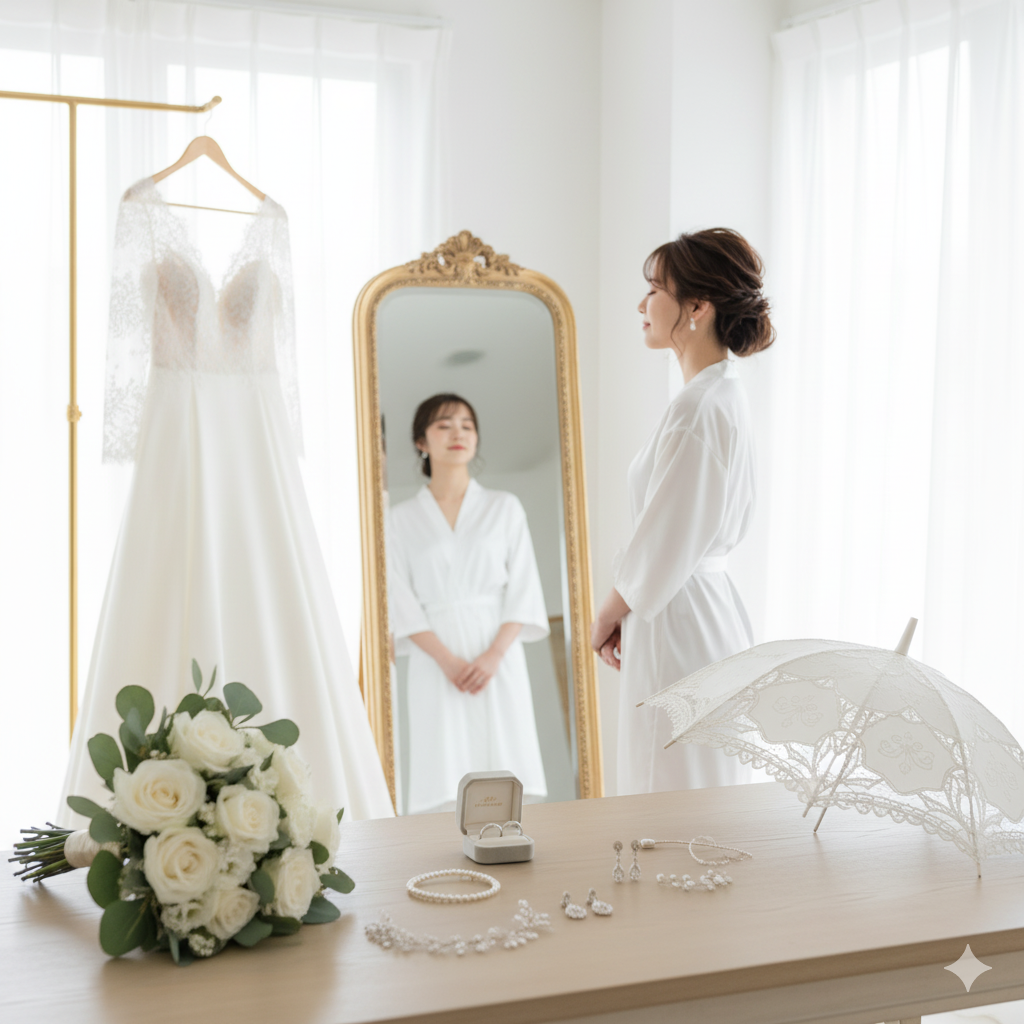 撮影当日に小物を揃え、鏡の前で笑顔を確認する花嫁のシーン
