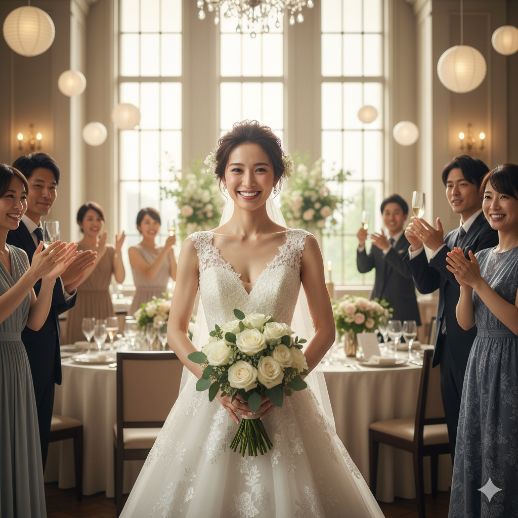 結婚式のためのダイエットに間に合わないと悩んでいた花嫁が、当日ドレス姿でゲストに「痩せた？」と驚かれている様子