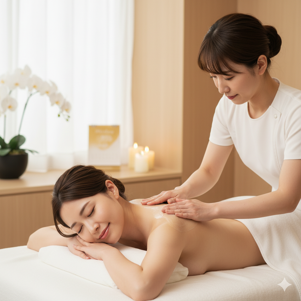 半年間のダイエットの仕上げとして、ブライダルエステで背中やデコルテをケアする花嫁のイメージ