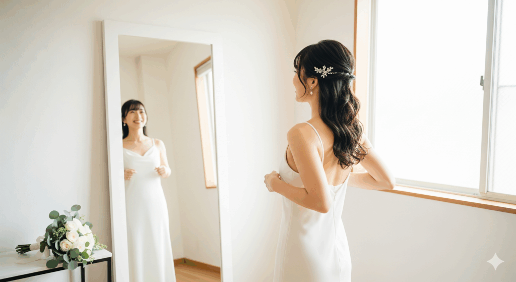 結婚式まで1ヶ月ダイエットに取り組む花嫁が、鏡の前で笑顔で姿勢を整えるシーン。
