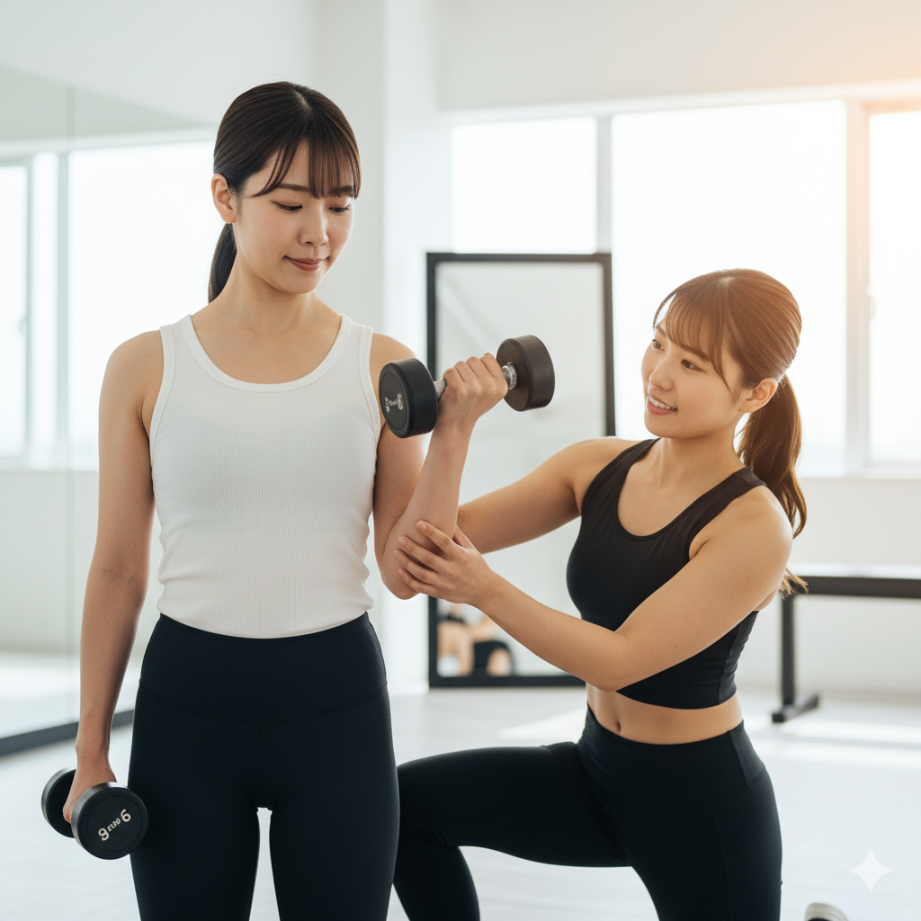 結婚式のためのダイエットに間に合わないと悩む花嫁が、パーソナルトレーナーに指導を受けながら二の腕を鍛えている様子