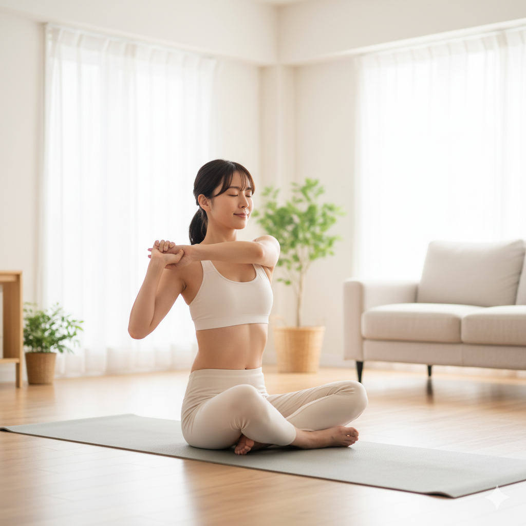 結婚式半年前から二の腕ケアとしてストレッチをする花嫁