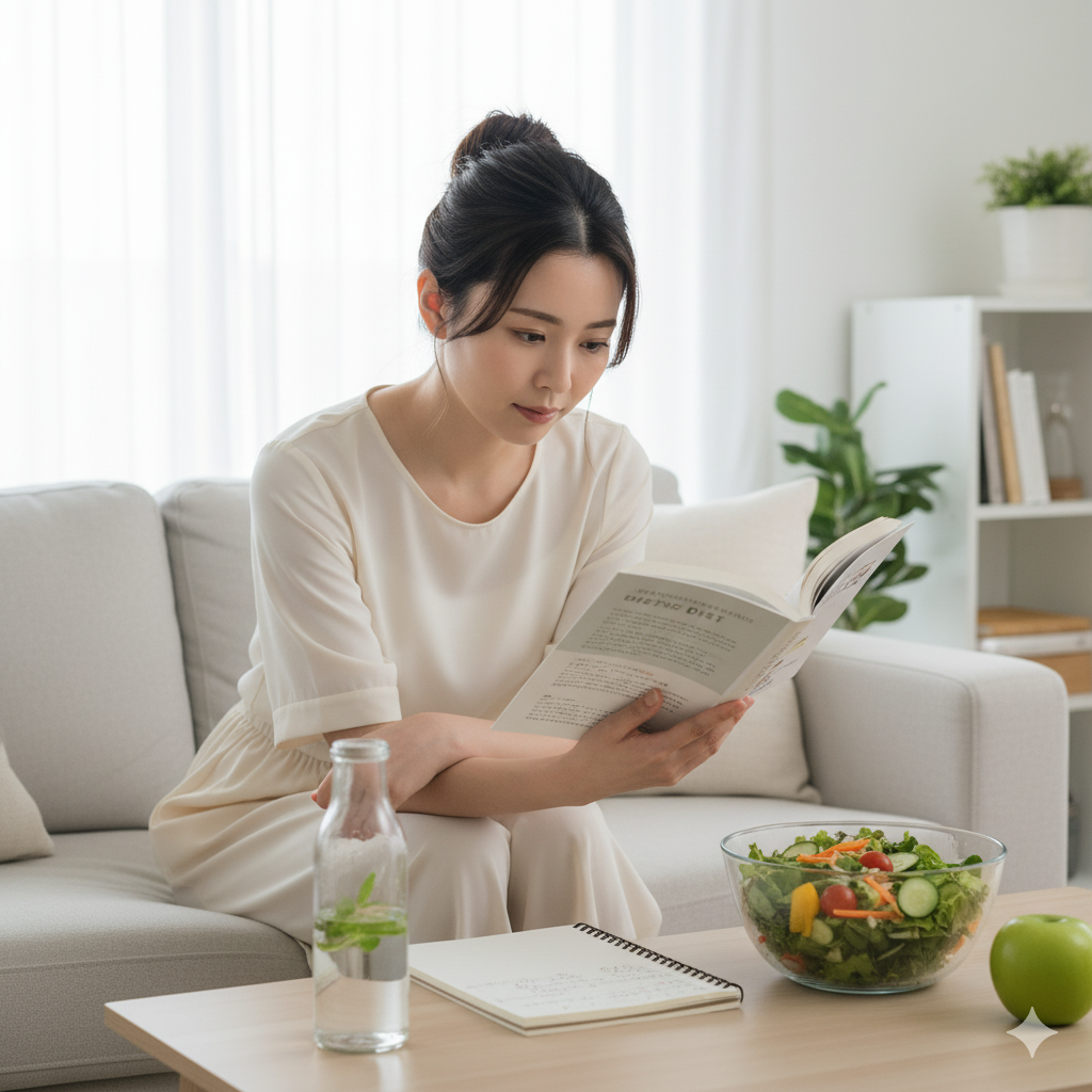 結婚式のためのダイエットに間に合わないと焦る花嫁が、過度な食事制限で疲れた様子を見せている場面