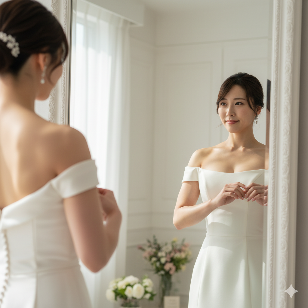 結婚式で二の腕を痩せたい花嫁が、試着室でドレス姿の二の腕ラインを鏡で確認している様子