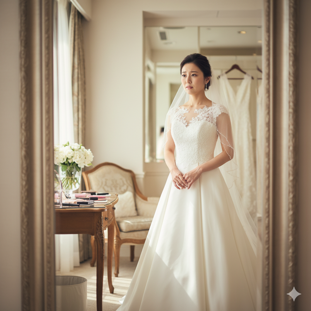結婚式当日、ドレス姿で鏡を見ながら不安そうな表情を浮かべる花嫁