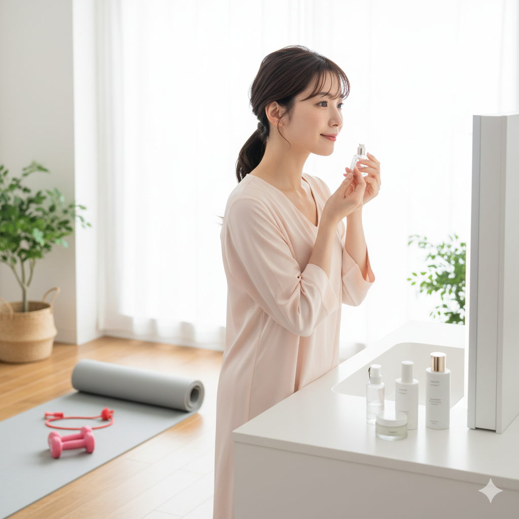 スキンケアと軽いエクササイズを行う花嫁の準備シーン
