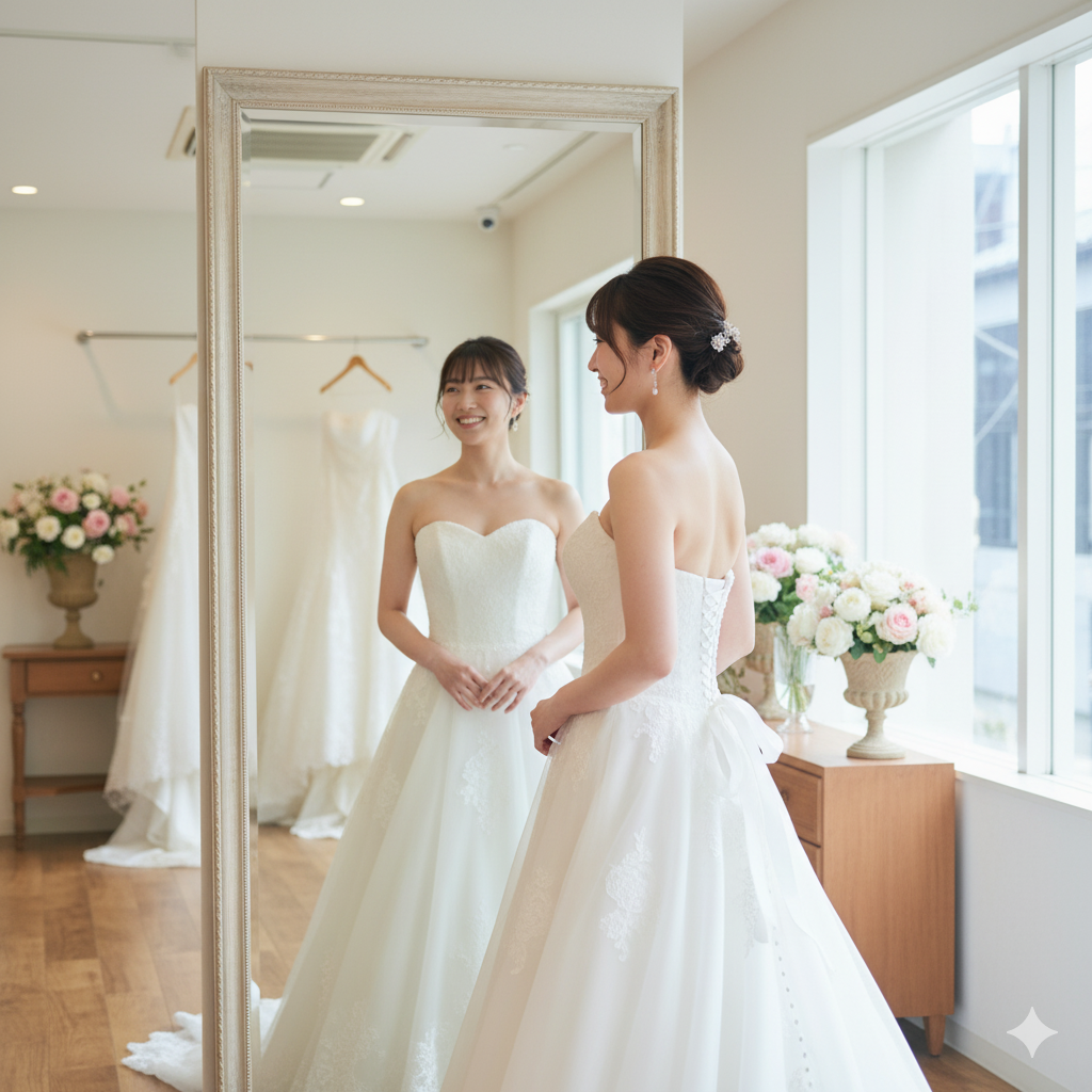 花嫁が半年でのダイエットに向けて、結婚式まで半年間で理想のスタイルを目指す花嫁がウェディングドレスを試着している様子