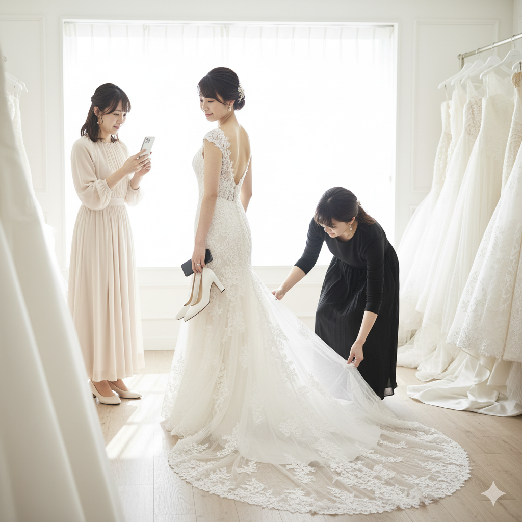 試着したドレス姿を多角度から確認する花嫁とスタイリストの写真イメージ