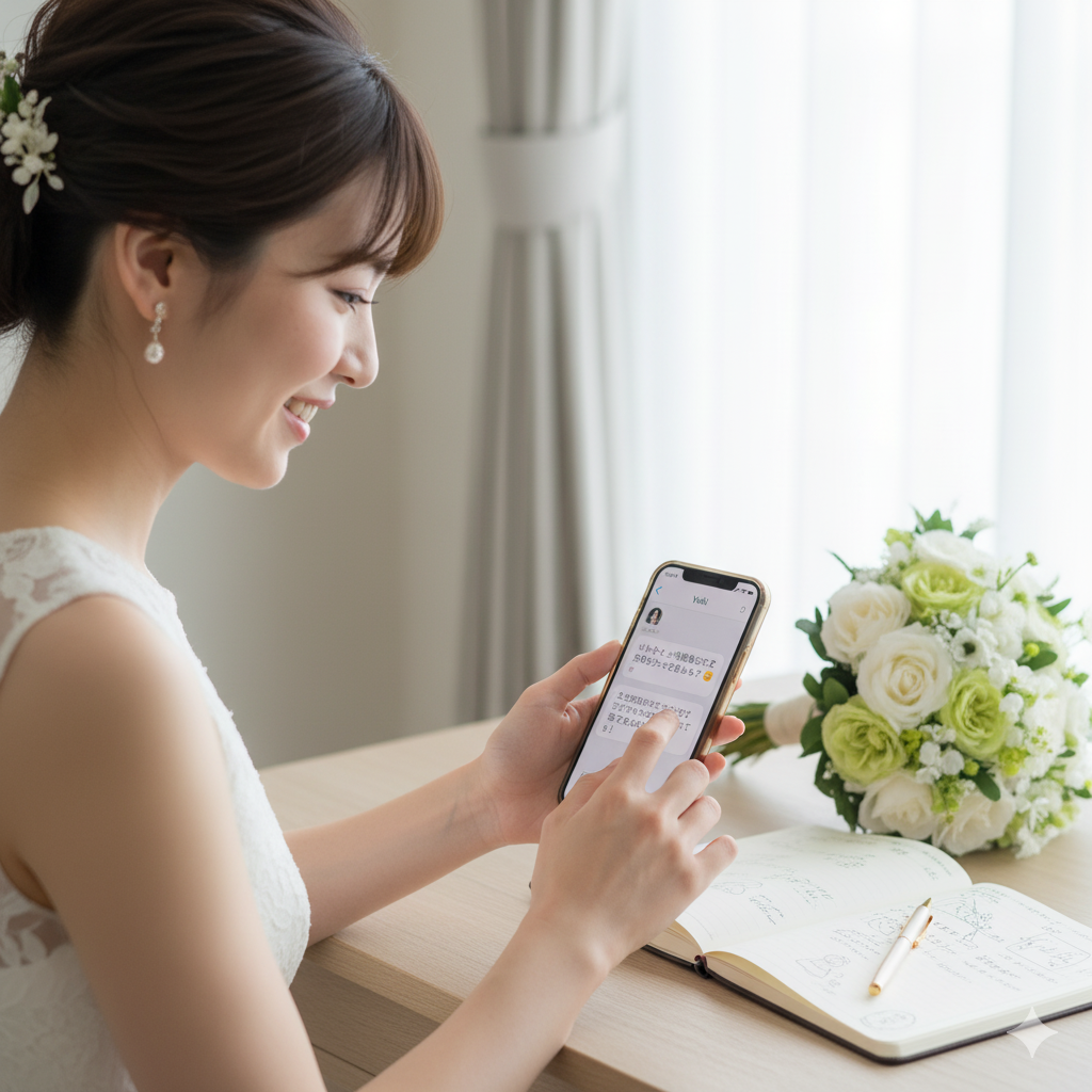 スマートフォンで友人にスピーチを依頼するメッセージを送る花嫁。穏やかな笑顔で準備を進める様子。