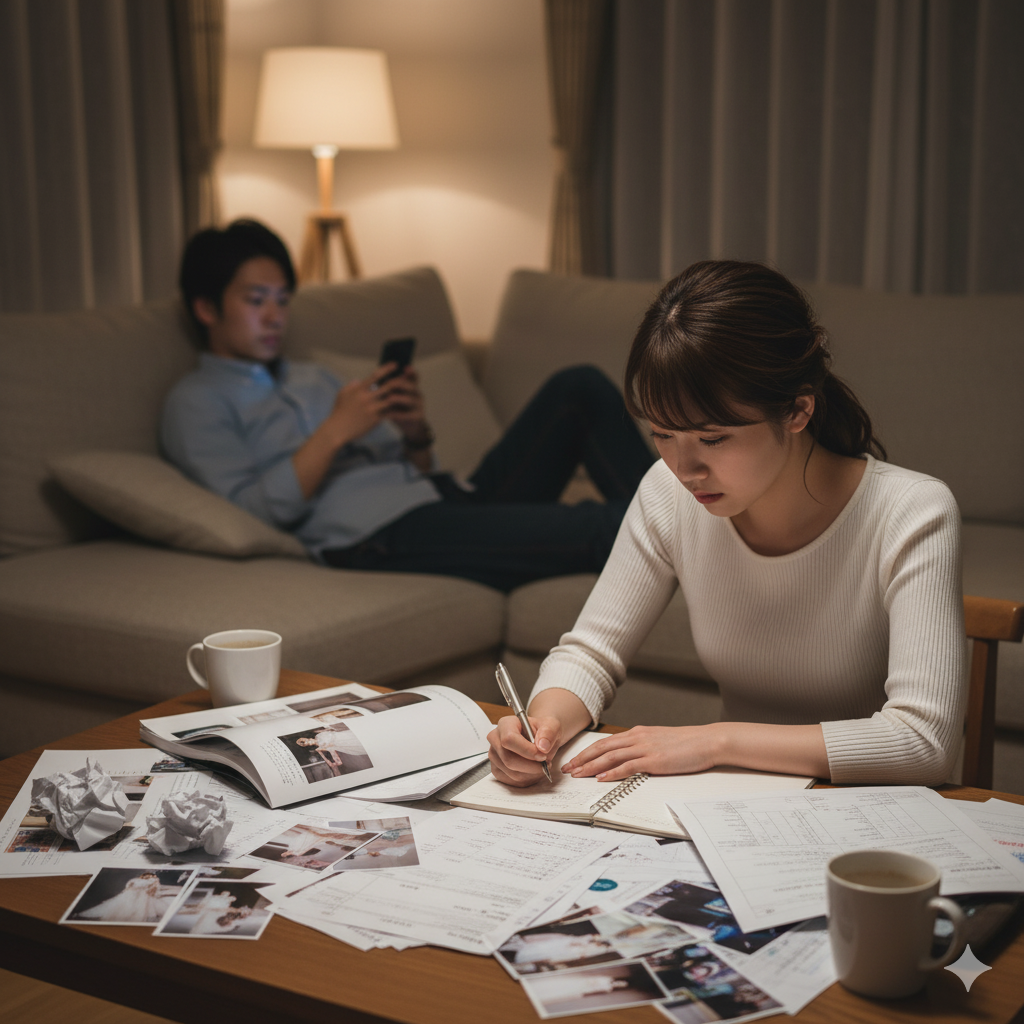 結婚式の準備を一人で進める花嫁が、スマホをいじる旦那を横目に疲れた表情を見せる様子。