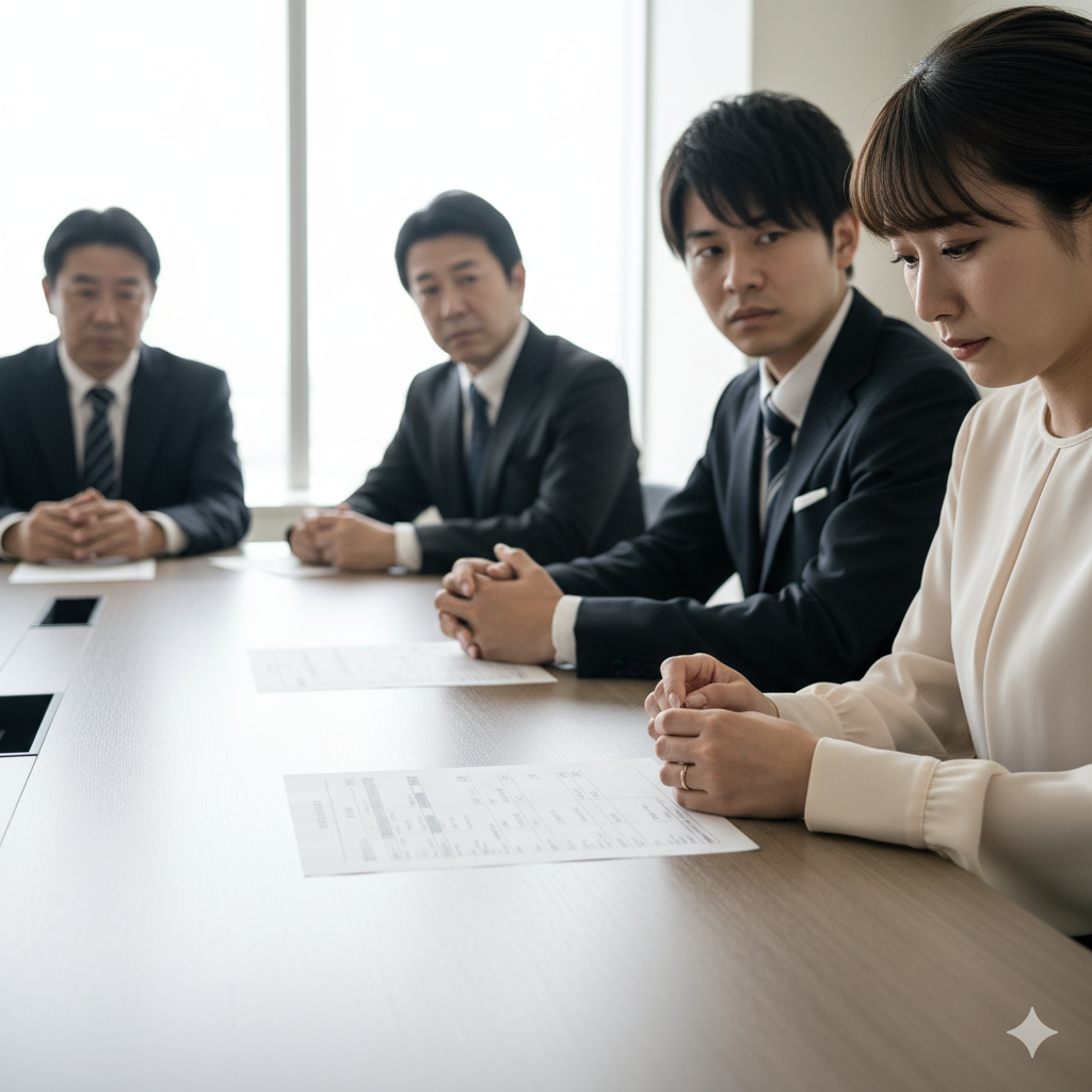 結婚式の費用分担をめぐって両家が険しい表情を見せる中、涙をこらえる花嫁。打ち合わせテーブルに見積書が広げられている。