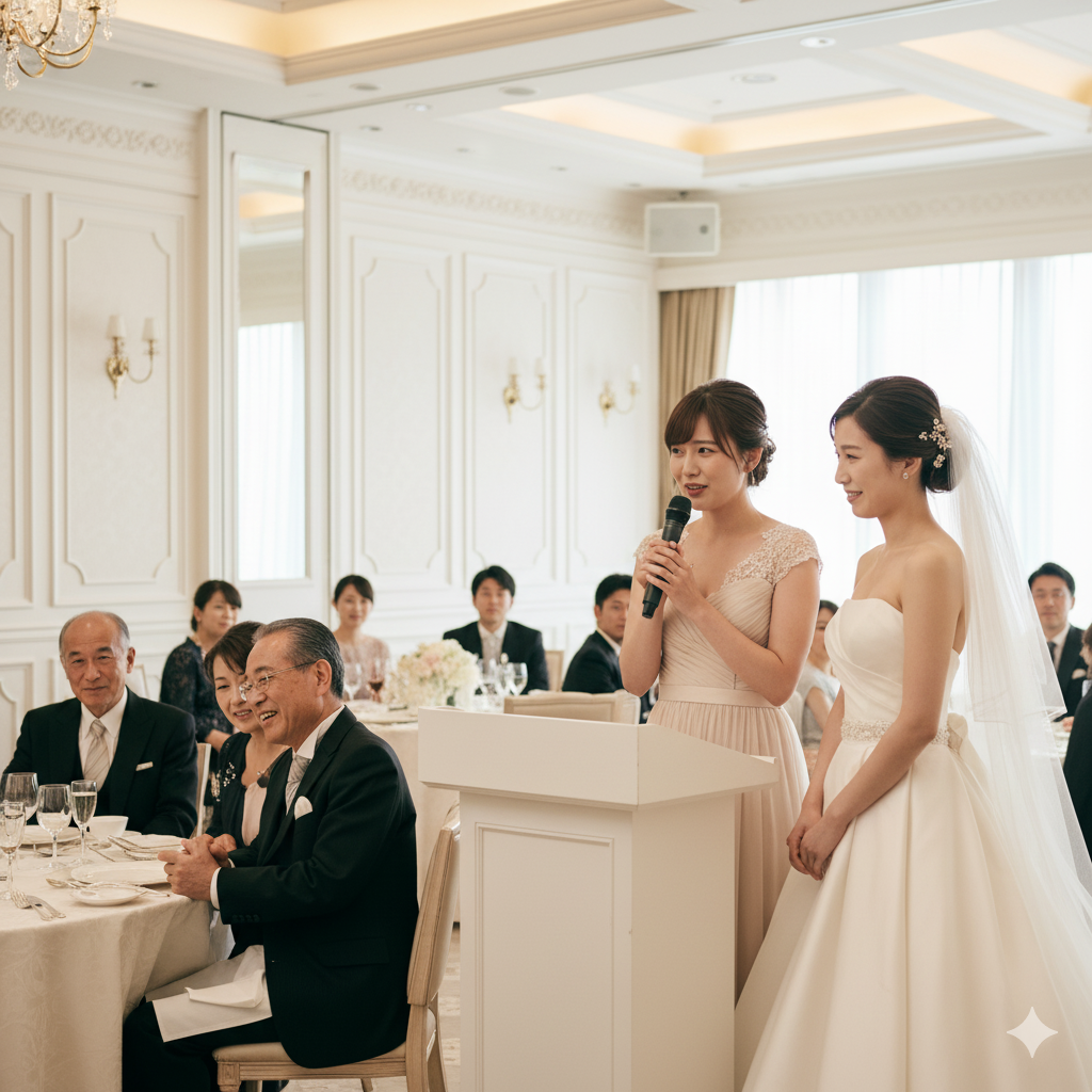 結婚式のスピーチで友人が内輪ネタを話し、花嫁と親族が気まずい表情をしている披露宴の場面。