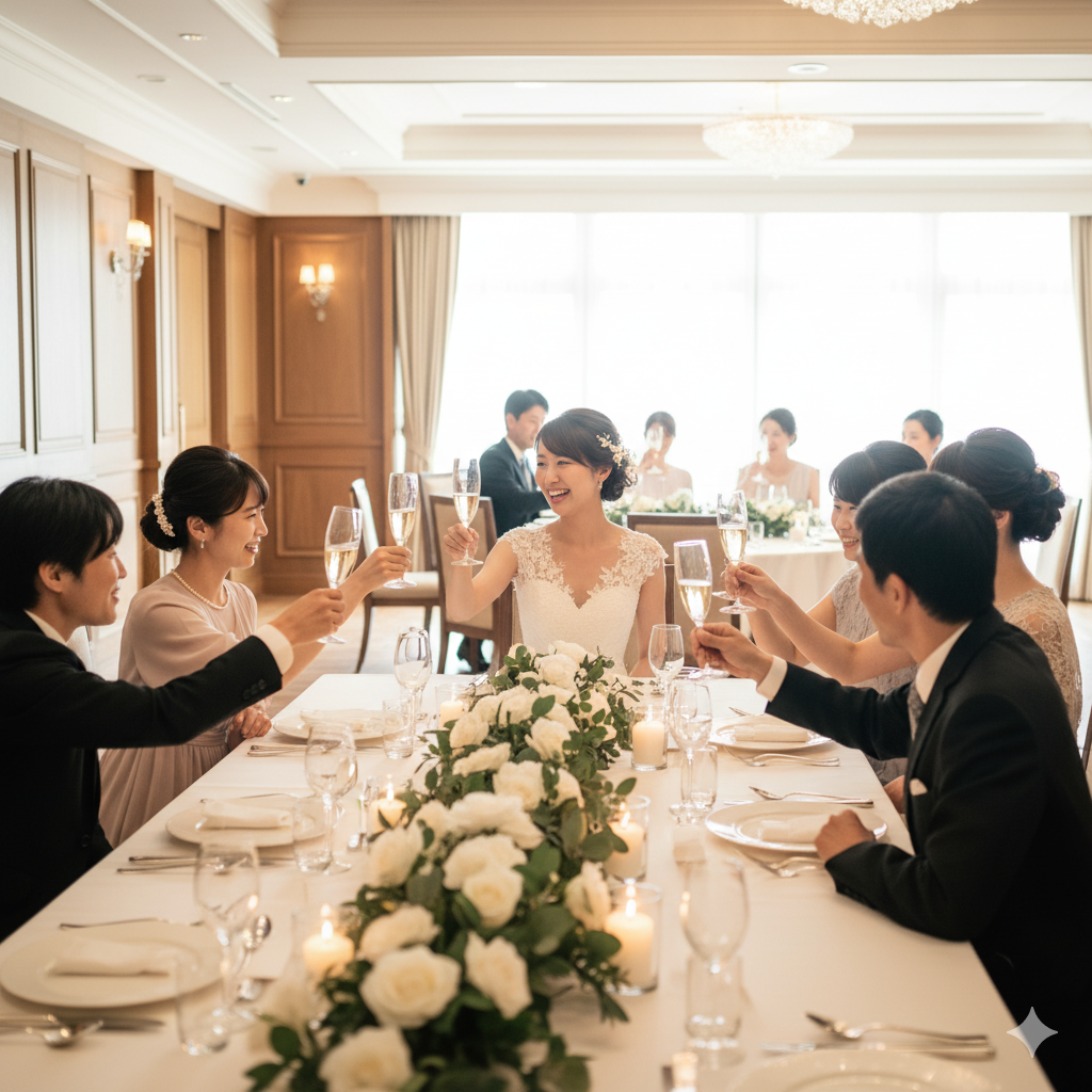 親族だけの結婚式で笑顔で乾杯する花嫁と家族の様子