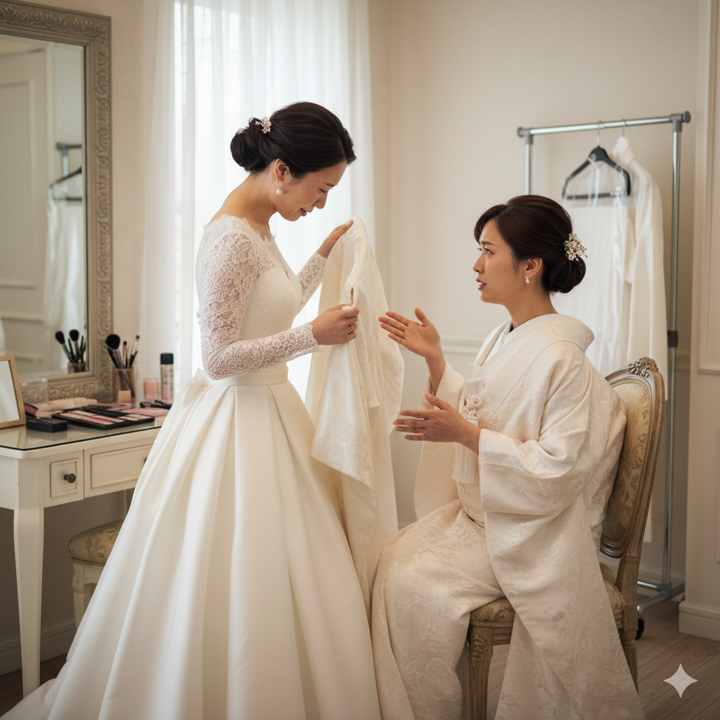 結婚式当日の控室で衣装のことで母親と口論する日本人花嫁のリアルな写真イメージ