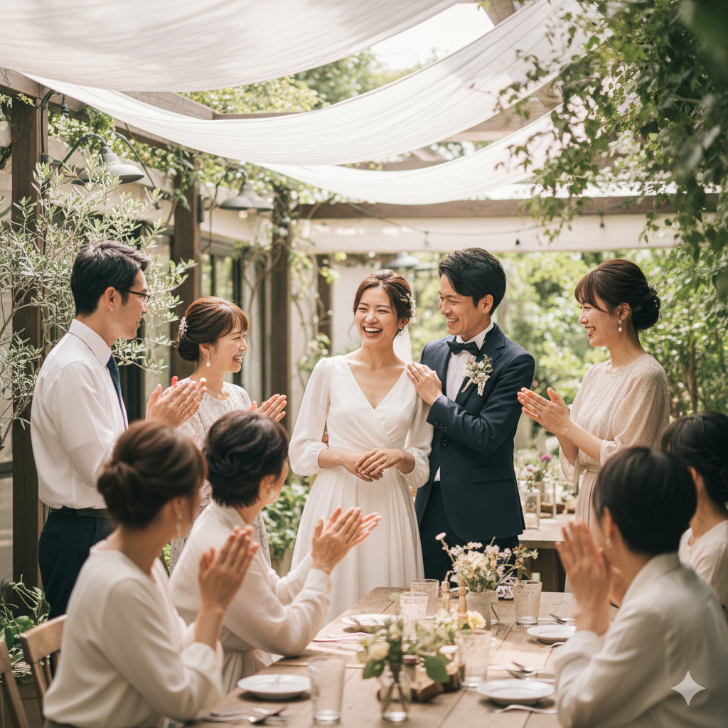 少人数の結婚式で笑顔の新郎新婦が家族や友人に囲まれ、温かい雰囲気で過ごしている様子
