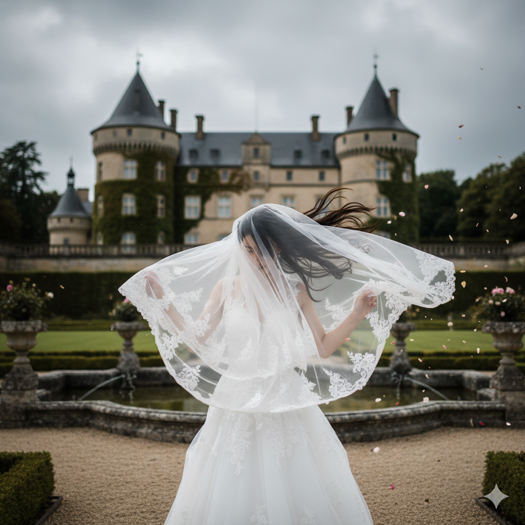 風でベールが舞い上がり、髪が乱れたままロケーション撮影を続ける日本人花嫁の写真