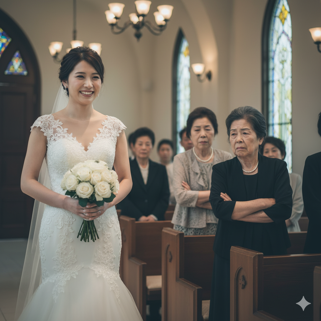 結婚式の入場シーンで、花嫁のドレスや演出に不満そうな親族の表情が見える。緊張感のあるチャペル内の様子。