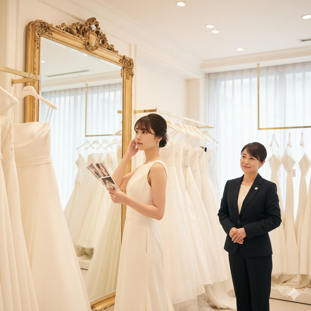ウェディングドレスショップで鏡の前に立ち、複数のドレスを見比べながら悩む日本人女性
