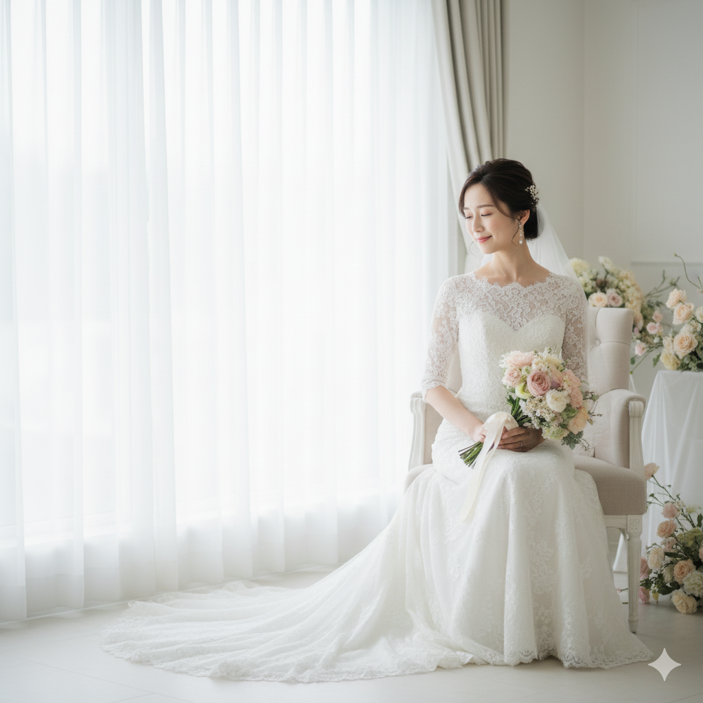 結婚式を終えてブーケを手にし、穏やかな笑顔を見せる日本人女性の花嫁。
窓辺の柔らかな光に包まれながら、安堵と達成感を感じている様子の写真。