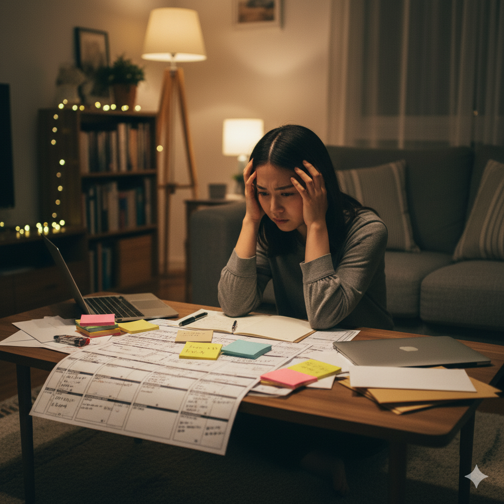 招待状と席次表の作成に悩み、机の上の書類を見つめながら頭を抱える日本人女性
