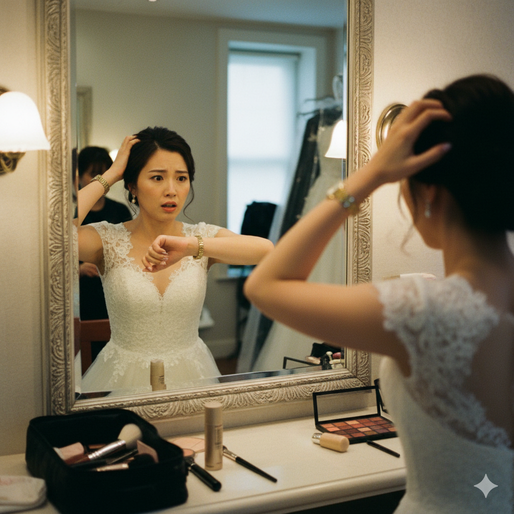 前撮り当日の準備で時間に追われ、焦った表情を浮かべる日本人花嫁が鏡越しに写る写真