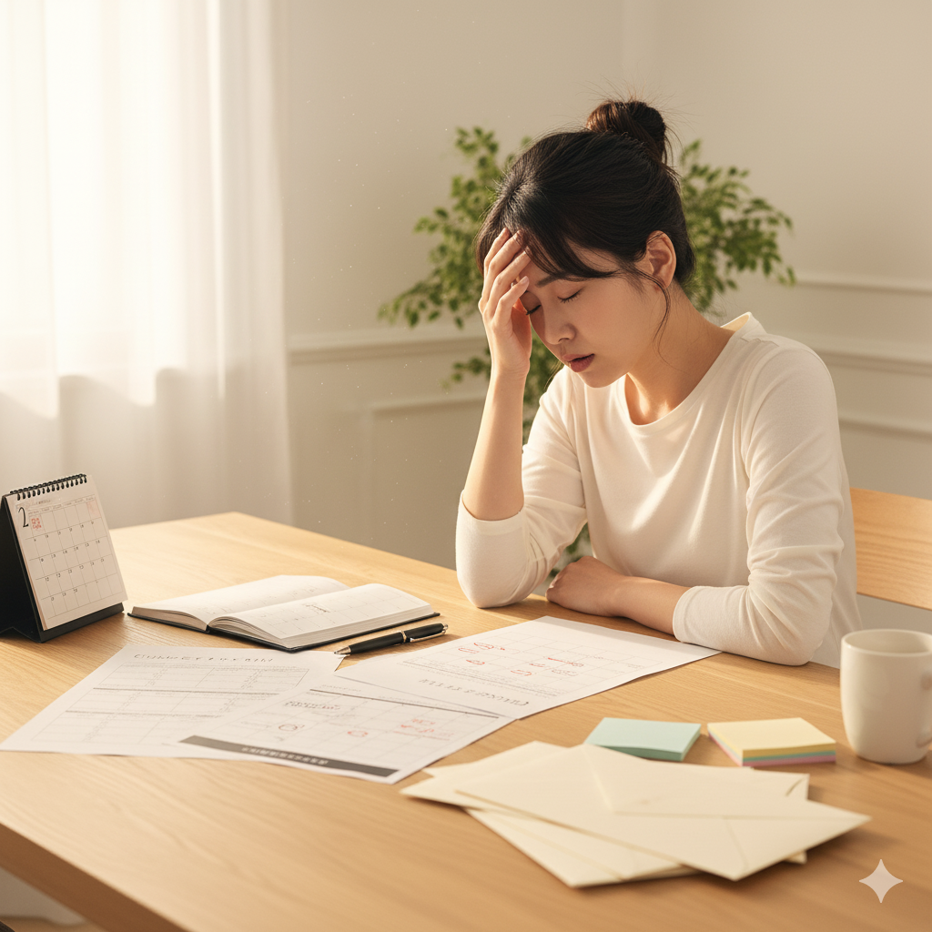 結婚式の準備に疲れて一息つく日本人女性が、席次表やチェックリストの広がるテーブルで深呼吸している様子