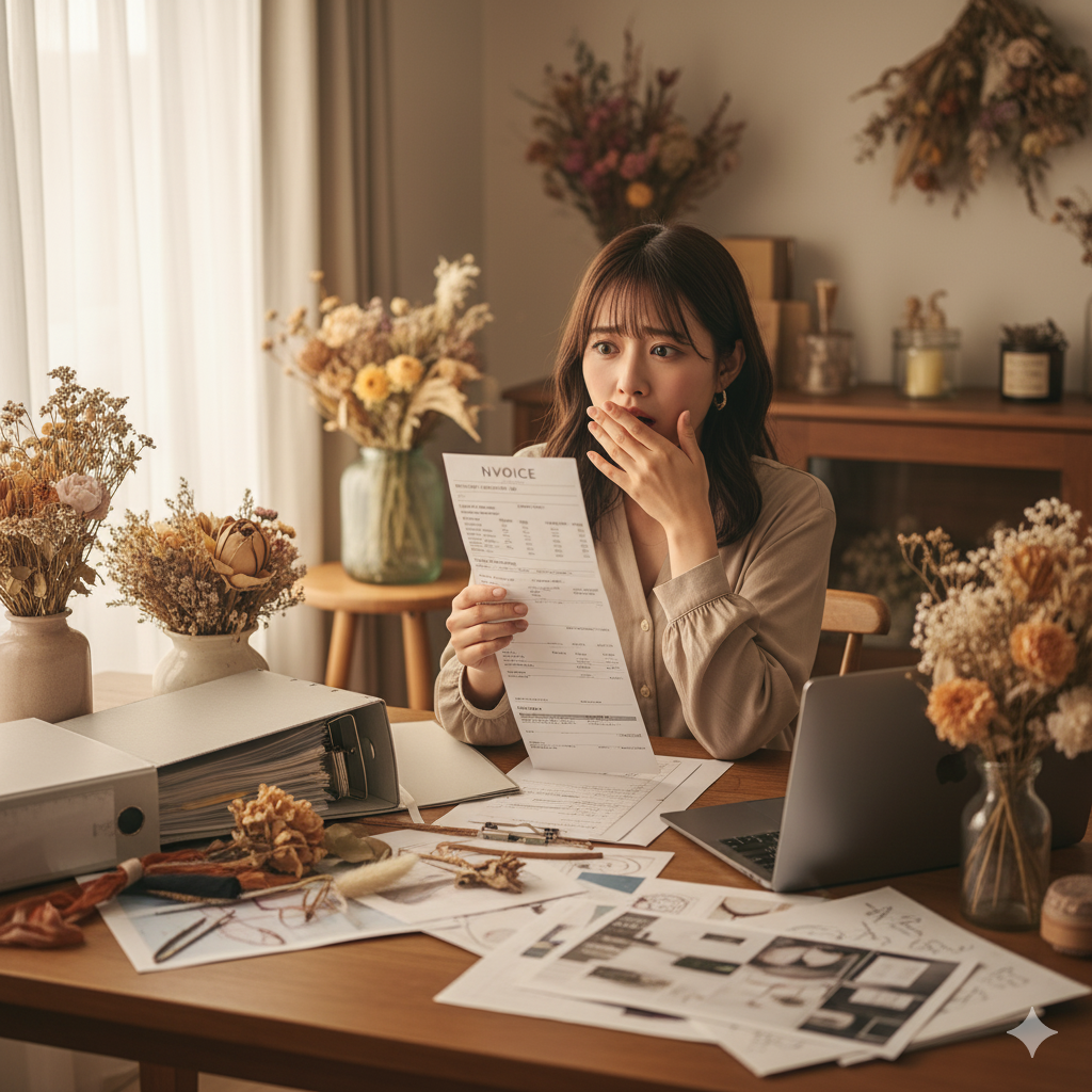 日本人女性が、テーブルに広げた見積書を見つめながら考え込んでいる様子。 背景には結婚式の資料や花が置かれ、幸せと不安が入り混じる表情を浮かべている。 結婚式費用の現実に悩む花嫁の心情を表した写真。