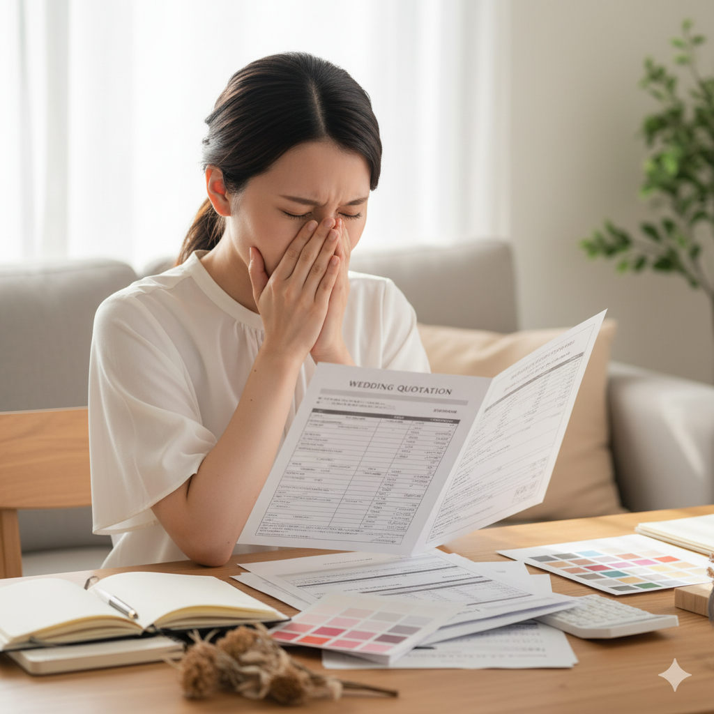 結婚式の見積書を前に、予算超過に悩む日本人女性の花嫁が頭を抱えている写真。
資料や電卓が散らばったテーブルの上で不安げな表情を浮かべている。