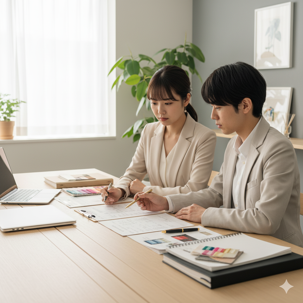 ウェディングプランナーが新郎新婦に結婚式の見積書を説明している様子。
花嫁が真剣な表情で話を聞き、テーブルには資料とカタログが広げられている。