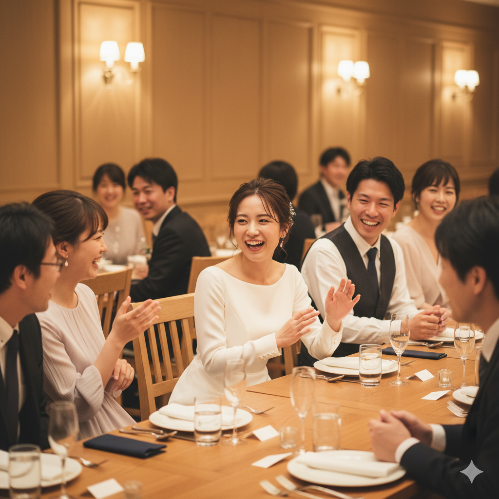 家族紹介ムービーを見て笑顔になる花嫁と親族の様子