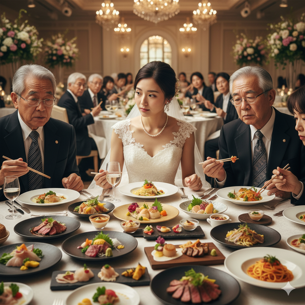 披露宴のテーブルに並んだ華やかな料理を前に、花嫁が不安そうに見つめている。年配ゲストが食べづらそうに箸を持つ様子が印象的な一枚。