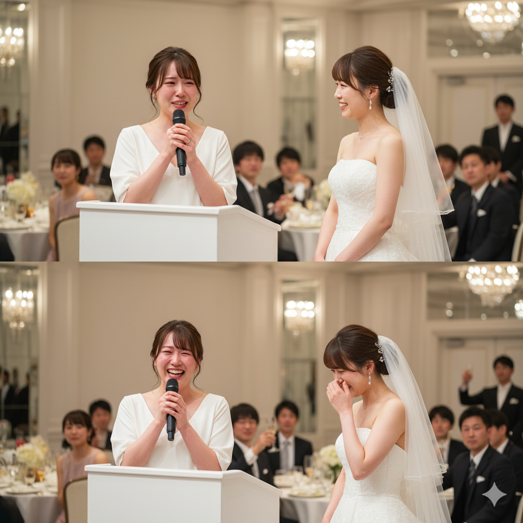 結婚式のスピーチで感極まって泣き崩れる友人と、それを見守る花嫁。感情があふれ、場が少し静まり返る披露宴の様子。