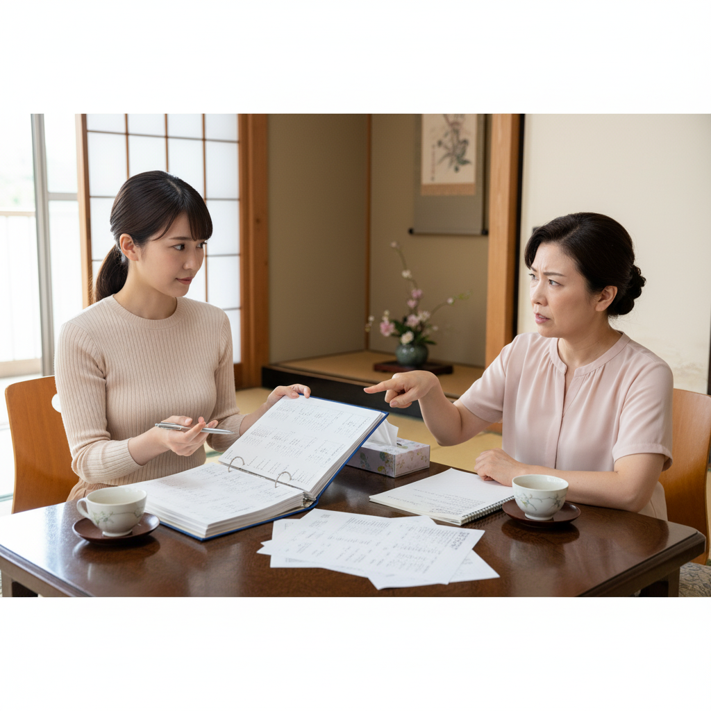 結婚式の招待客リストをめぐって義母と話し合う日本人花嫁のリアルな写真風イメージ