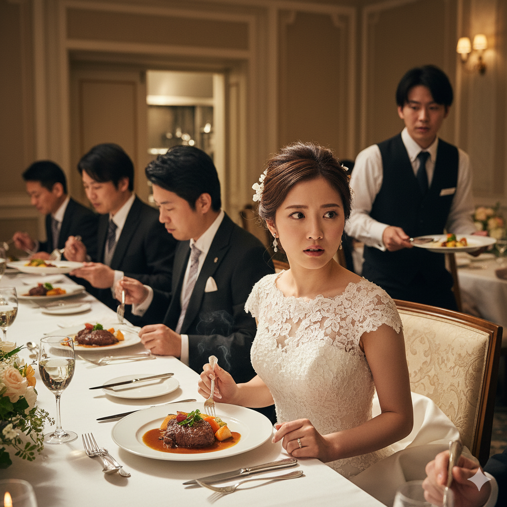 披露宴で料理の提供が遅れ、花嫁が不安そうにゲスト席を見つめている。テーブルの上のメイン料理は少し冷め、スタッフが急いで配膳している様子。