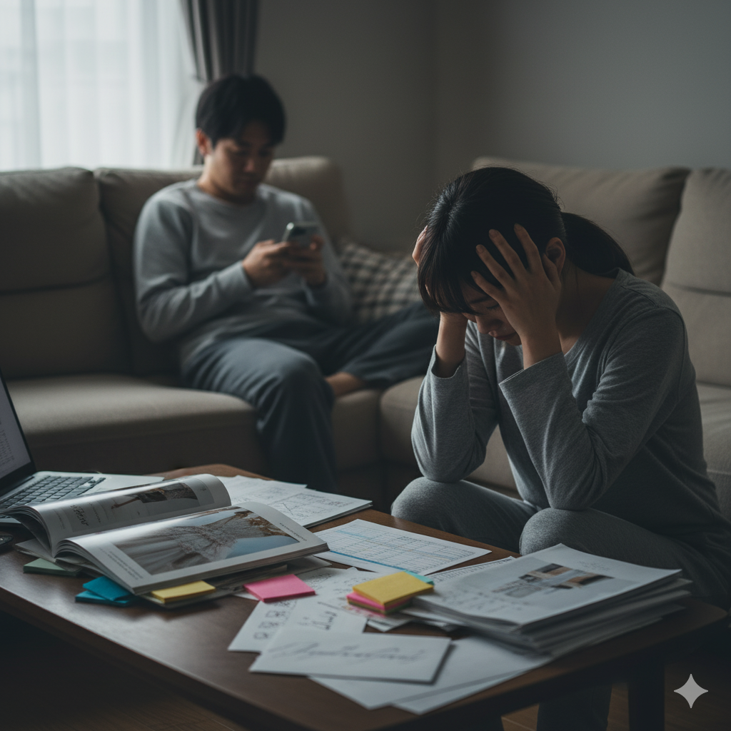 結婚式の資料を前に、テーブルにうつ伏せて涙をこらえる花嫁。
背景にはスマートフォンを見て無関心な旦那。
結婚式準備に協力してくれない夫に疲れた花嫁の孤独を表現。