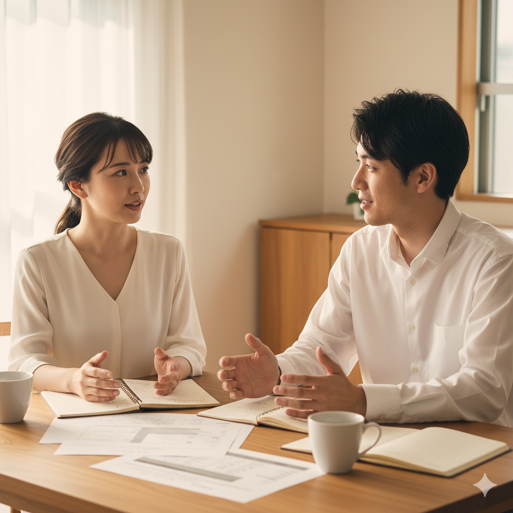 結婚式の資料を前に、落ち着いた表情で話し合うカップル。
花嫁の言葉に旦那が穏やかにうなずき、理解し合う様子。
喧嘩の後、再び向き合う二人を表現。