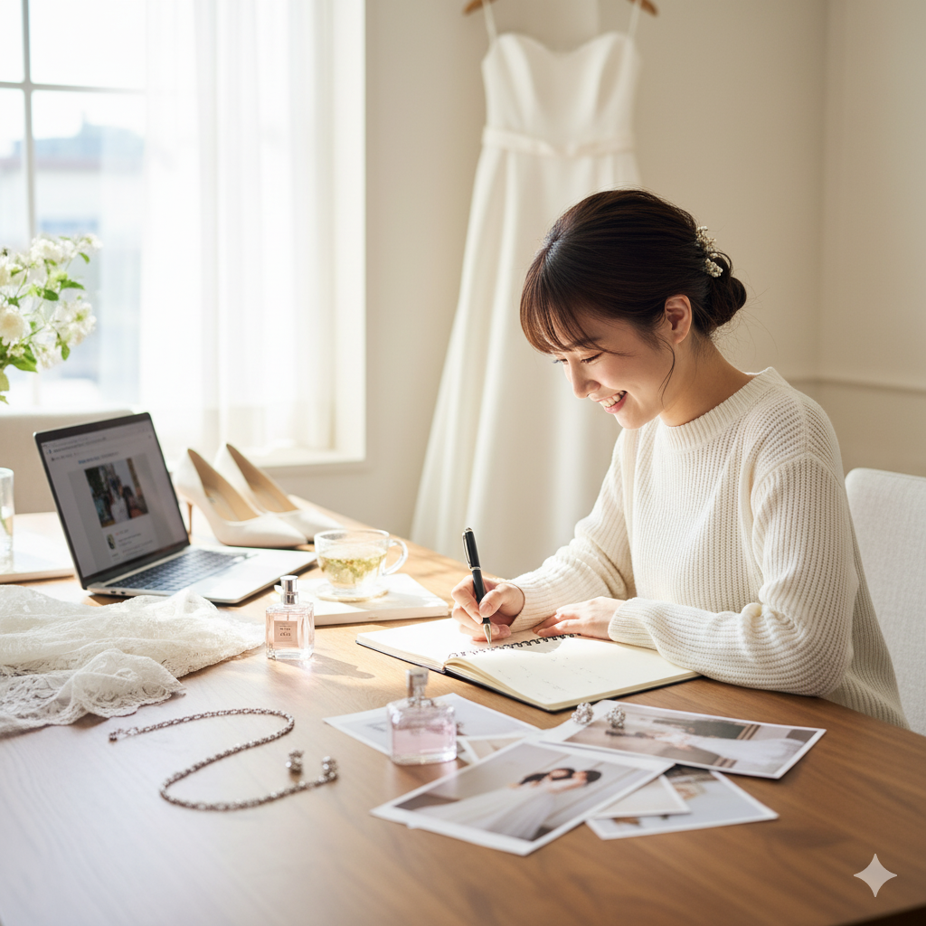 結婚式の前撮り準備のためにノートにメモを取りながら笑顔を見せる日本人花嫁の写真