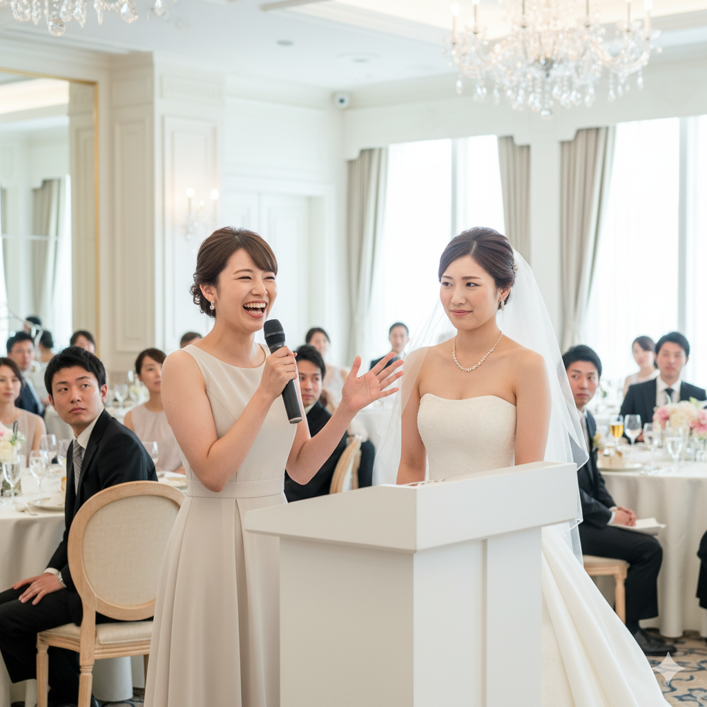 披露宴で原稿を持たずアドリブでスピーチをする友人と、困ったように見守る花嫁。会場が少し戸惑った雰囲気のシーン。