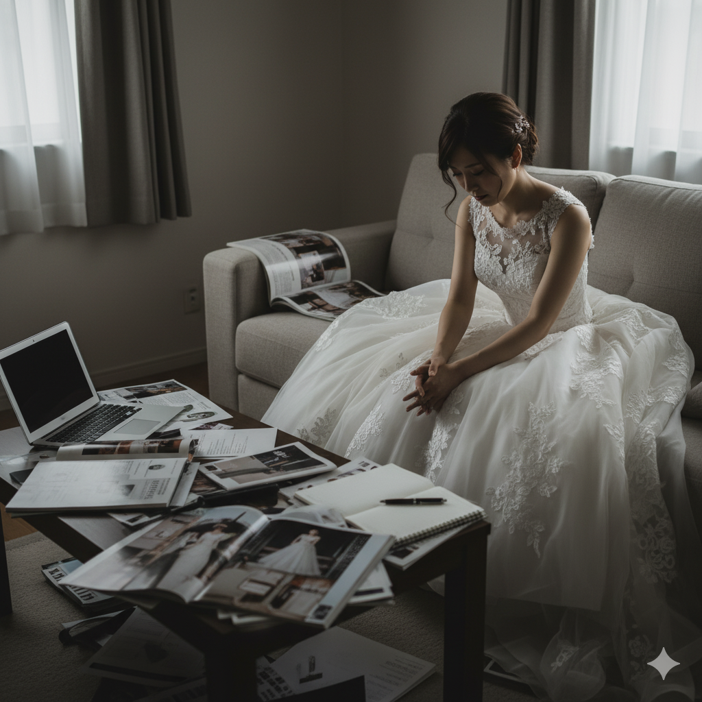 結婚式準備に疲れ果て、ソファに座ってうつむく花嫁。非協力的な旦那との喧嘩に悩み、「もう結婚式なんてやりたくない」と感じている様子。
