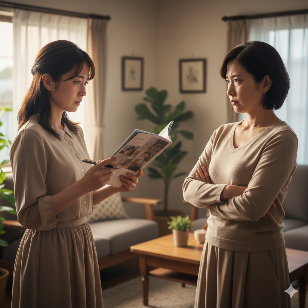 結婚式の式場選びで母親と口論する日本人花嫁と母親のリアルな写真風イメージ