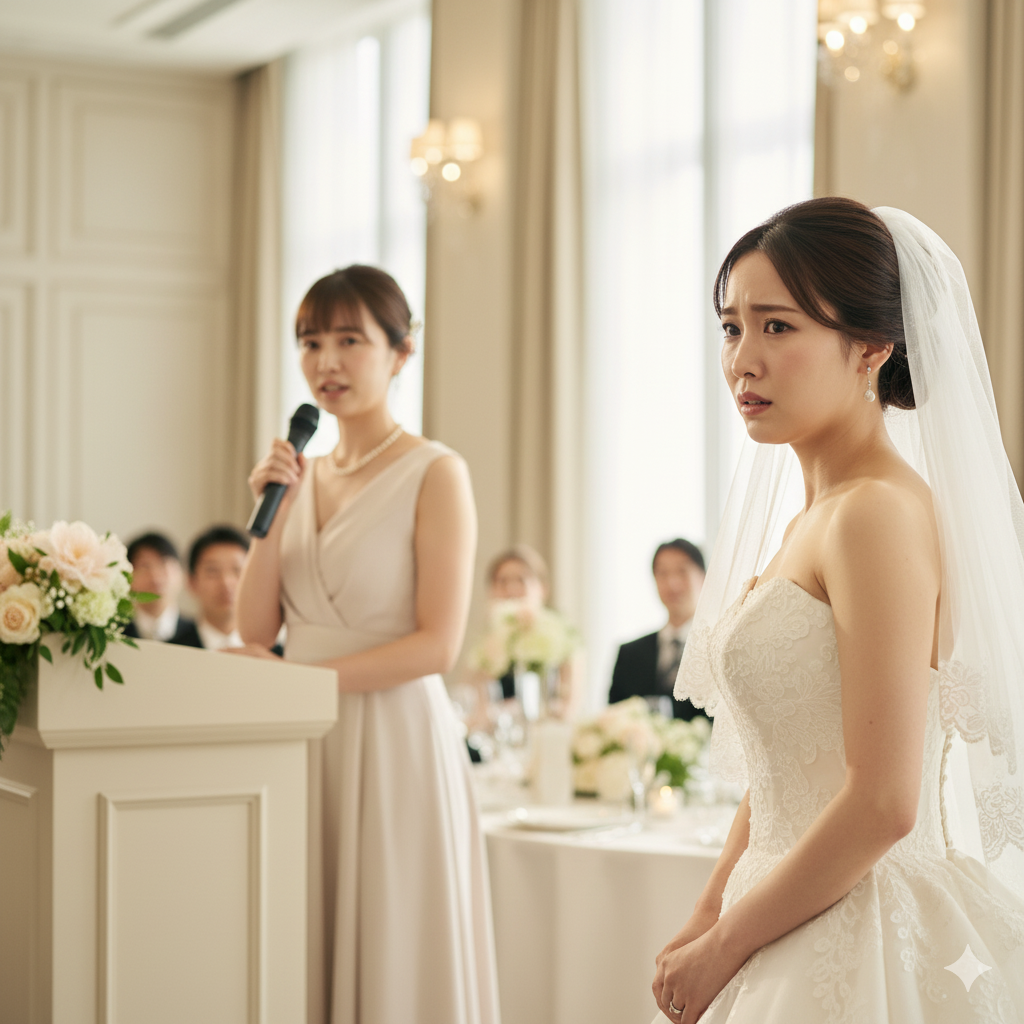 花嫁が友人のスピーチを不安そうに見つめる結婚式披露宴のワンシーン。緊張が漂う中でのリアルな表情。
