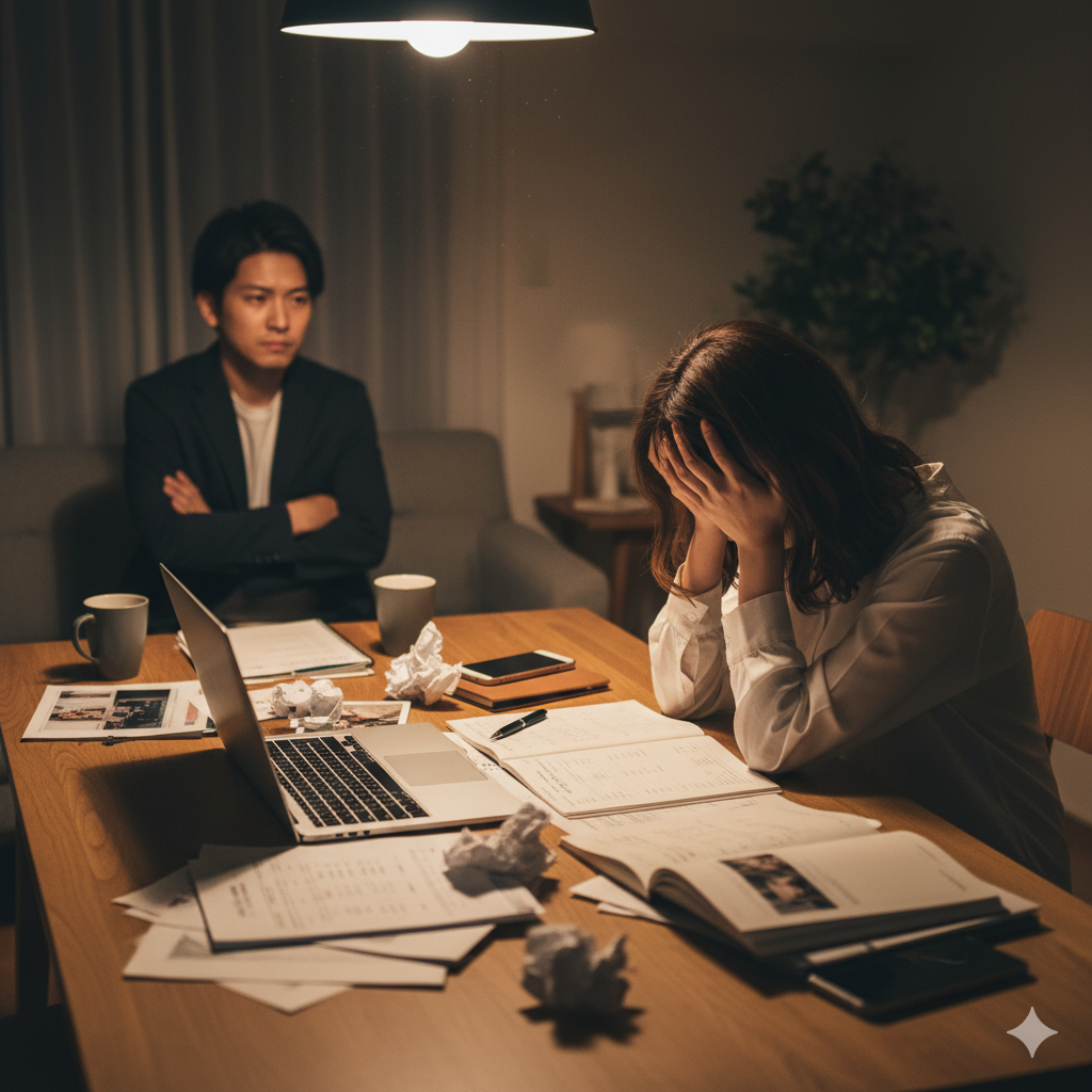 結婚準備の喧嘩が続き、疲れた表情で頭を抱える日本人女性と気まずそうに座る男性  
