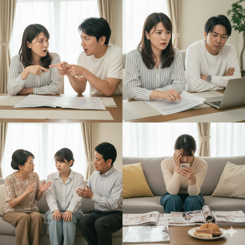 結婚準備で招待人数や費用、親の意見、新郎の消極姿勢を巡って喧嘩する日本人カップルたちの様子  
